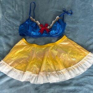 Blue Satin Lace-Trim Bra and Yellow Iridescent Skirt Set